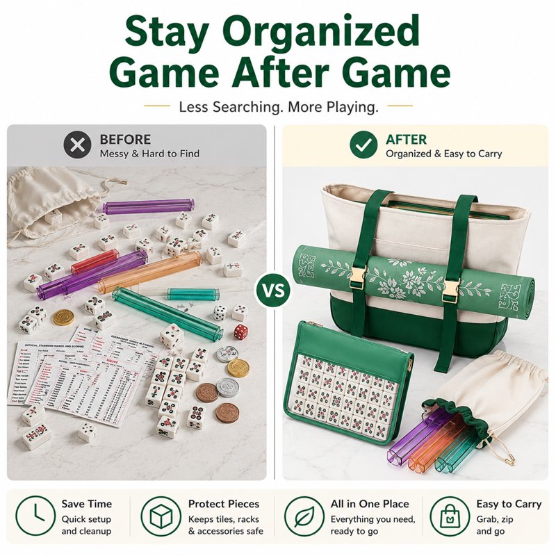 Mahjong Storage Bag Set with Canvas Tote, Tile Pouch & Rack - Travel Organizer