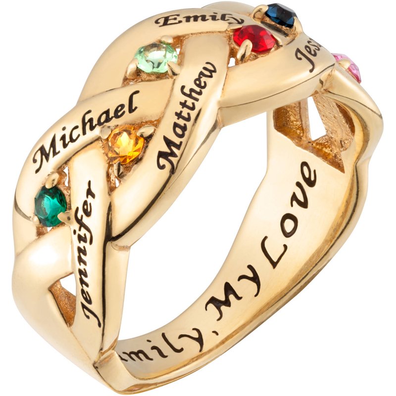 Personalized Family Name and Birthstone Ring - Gold Over Silver Women's Jewelry