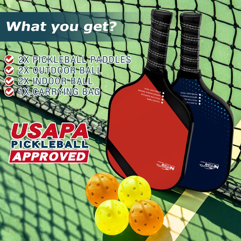 NFTIGB USAPA Approved Pickleball Paddles Set – Graphite Fiber Core, 2 Paddles + 4 Balls + Backpack (Black)