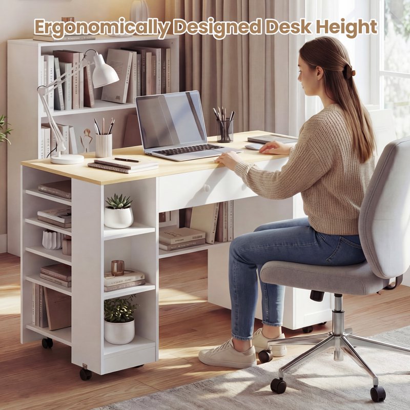 Rolling Sewing Craft Table with Storage Drawer & Lockable Wheels
