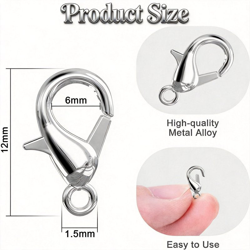 200PCS Metal Alloy Lobster Clasp Hooks for Jewelry Making - 12mm x 6mm, Nickel Finish