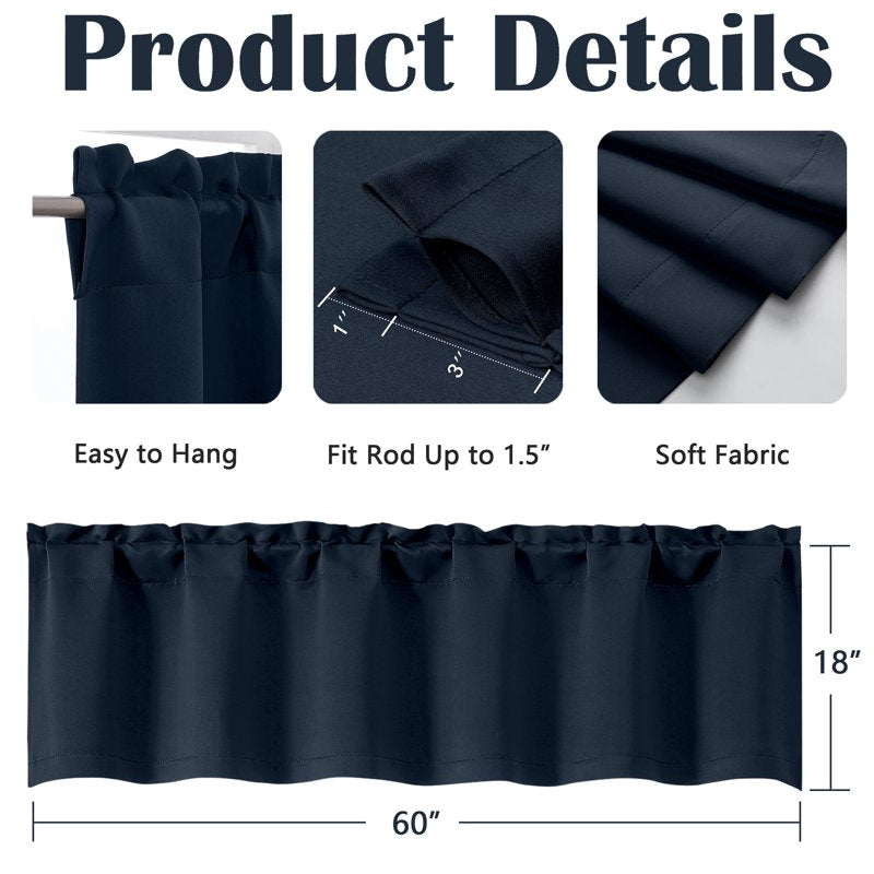Navy Blue Blackout Window Valance for Living Room and Bedroom - Privacy & Light Control