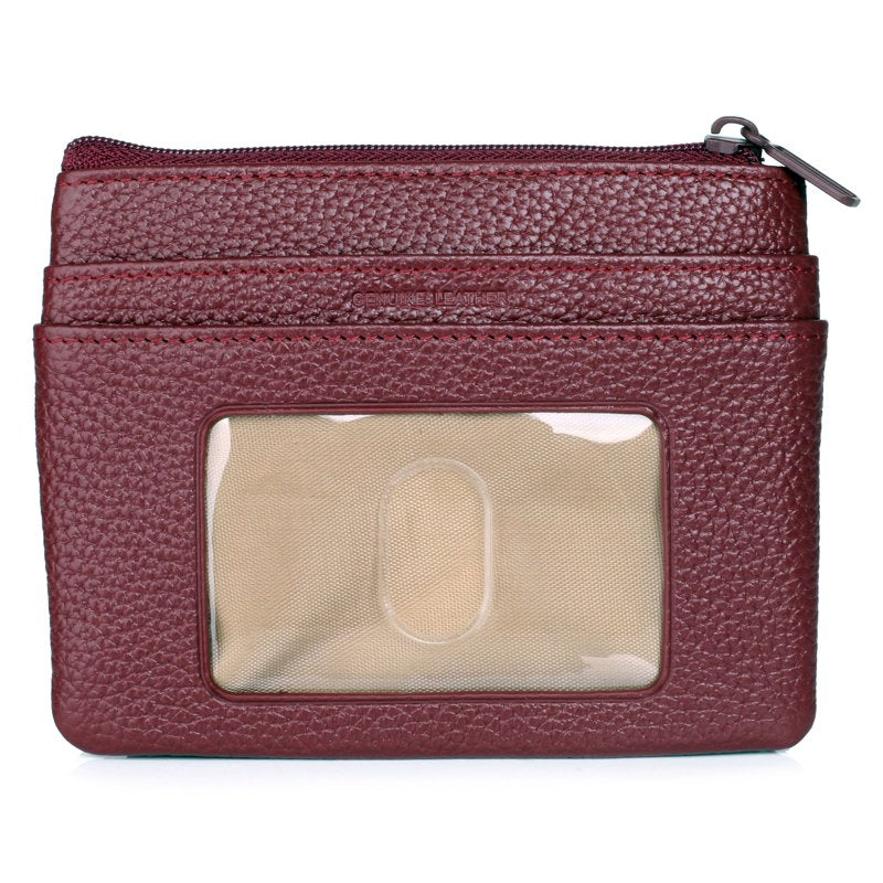 Women's Leather ID Coin Card Case with Zipper & Card Slots - Red