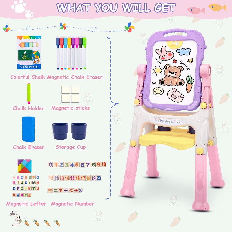 Kids Adjustable Art Easel with Whiteboard & Chalkboard - Toddler Drawing Gift