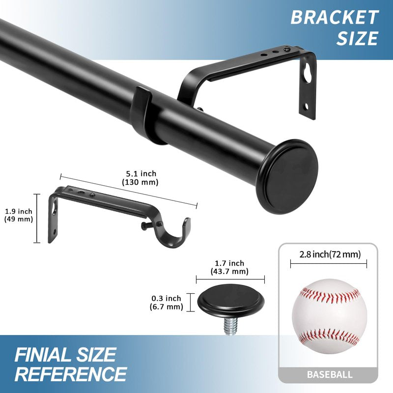 Adjustable Curtain Rod Set with Finials - Modern Metal Window Treatment, Multiple Lengths & Finishes