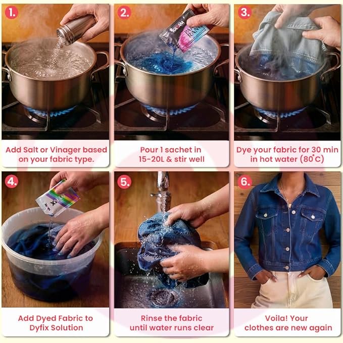 Fabric Dye Kit for Clothes - Permanent Jeans Blue Dye with Fixer, 5 Sachets