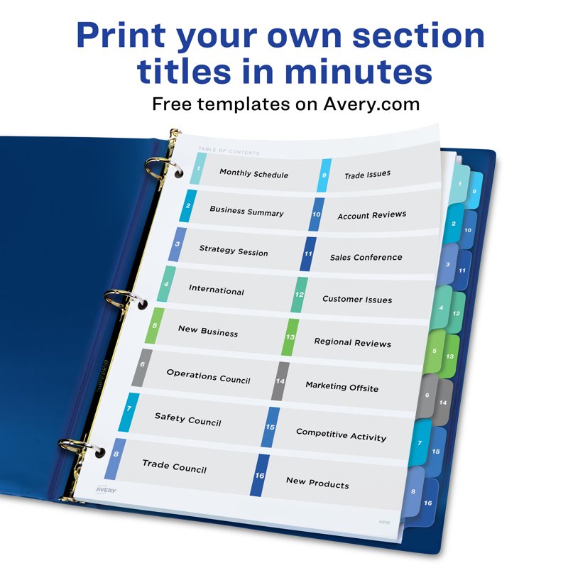 Double Column Binder Dividers with 16 Tabs, Multi-Color, Ready Index