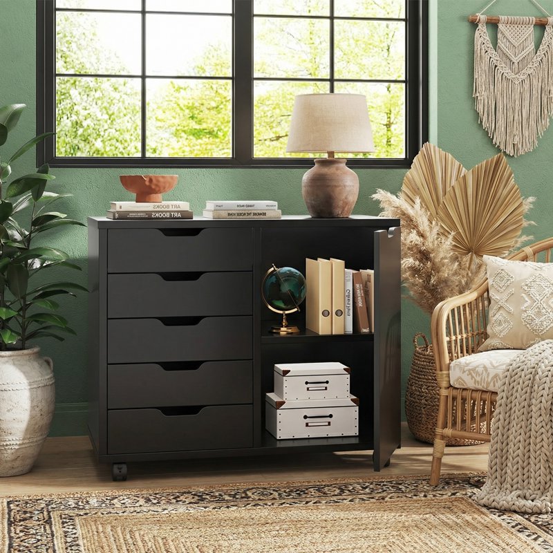 5-Drawer Wooden File Cabinet with Mobile Casters and Adjustable Shelves