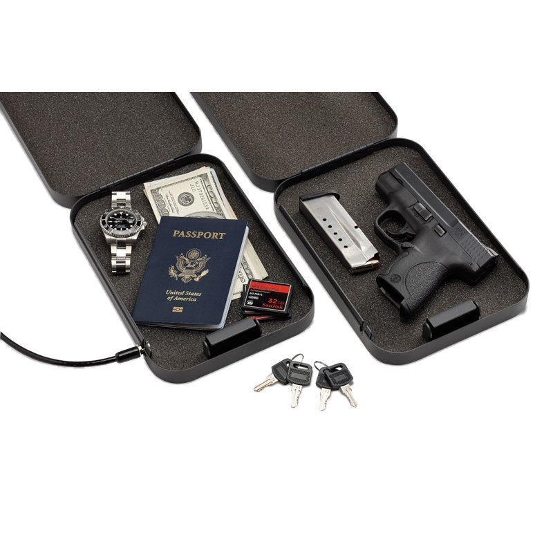 2 Pack Keyed Lock Box - Secure Pistol Safe with Steel Cable, 10x7x2 Inch