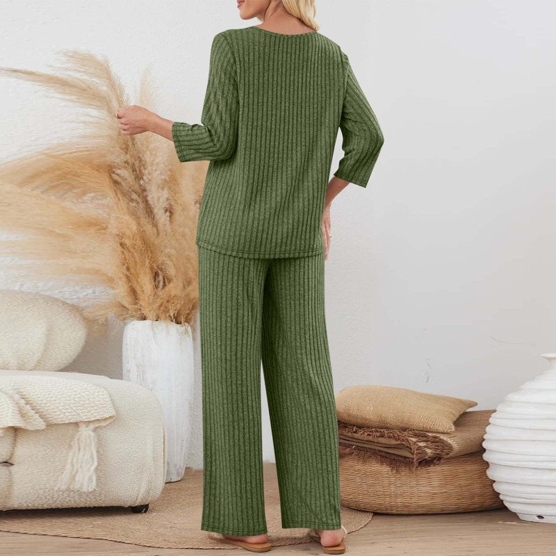 Women's Ribbed Knit Sweatsuit 2-Piece Set with Pockets - Casual Lounge & Activewear