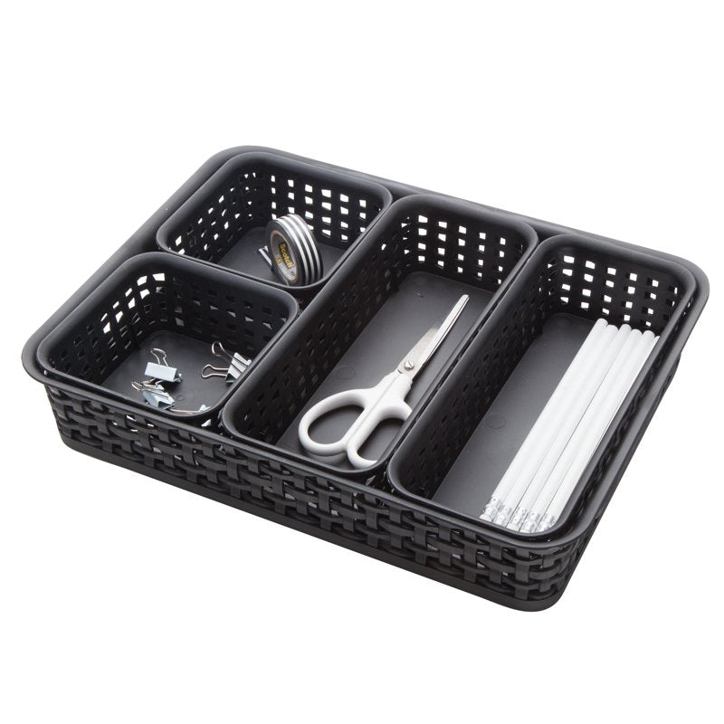 Plastic Weave Storage Bins Set of 5 for Office Organization - Black