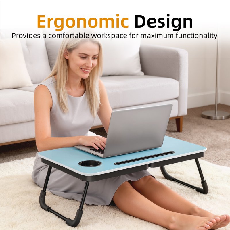 Portable Foldable Lap Desk for Bed and Couch - Blue, with Cup & Phone Holders