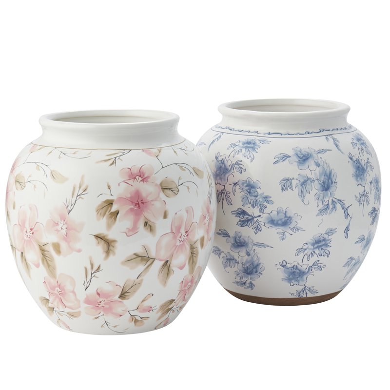 Farmhouse Blue Floral Ceramic Vase 8 Inch Round Indoor Decor