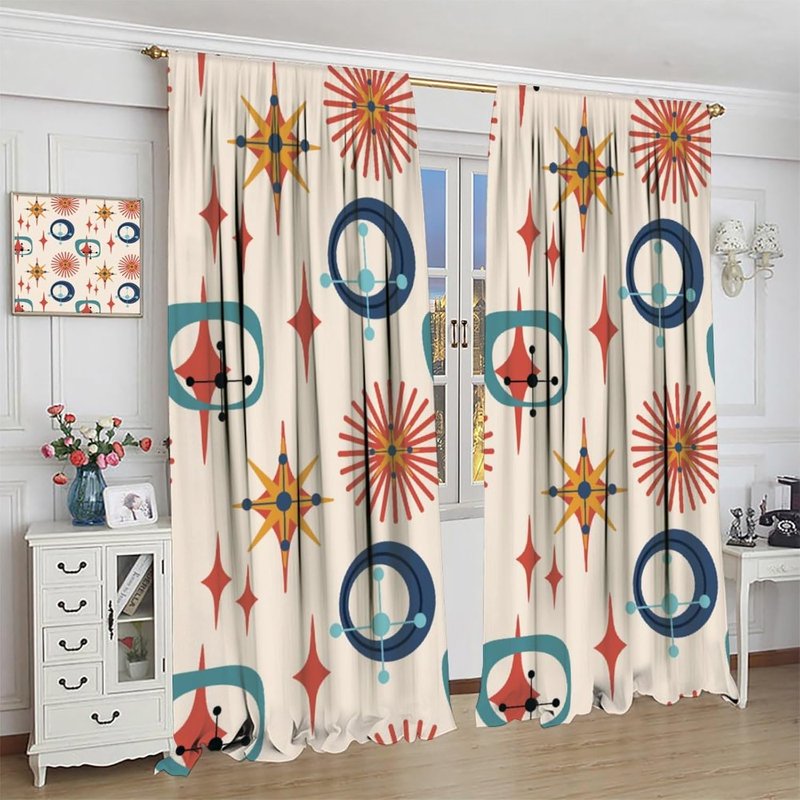 Retro 50s Geometric Star Pattern Curtains - Thermal Insulated Window Drapes, 2 Panel Sets