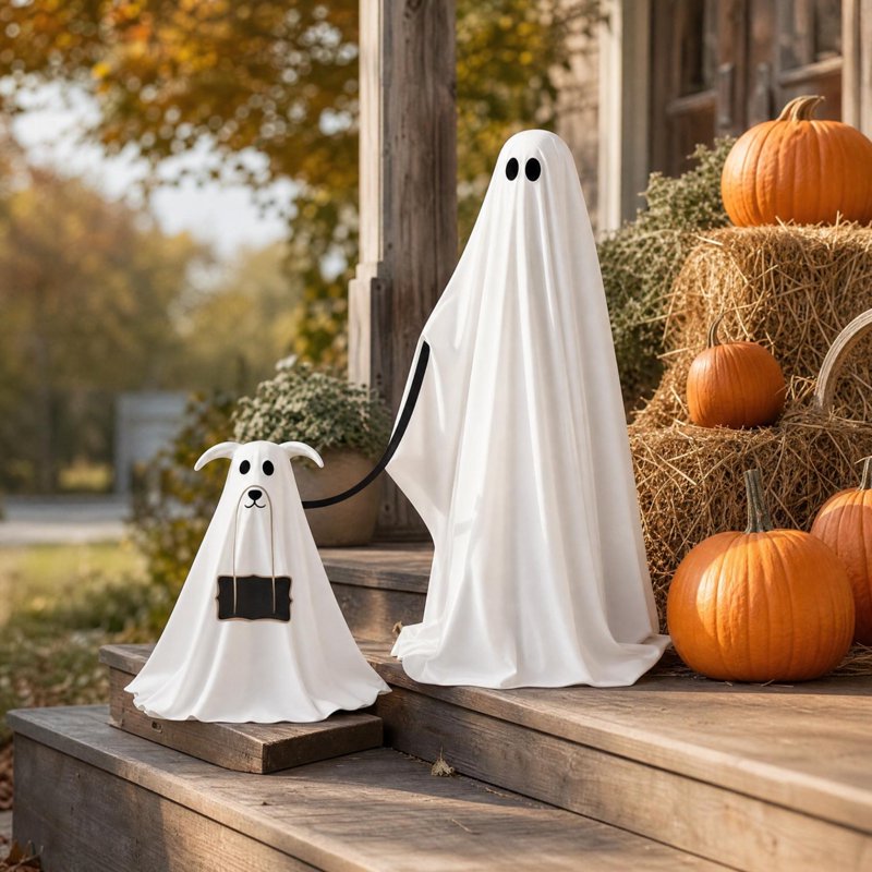 Halloween Ghost Decorations Set - Standing Fabric Ghosts for Indoor Outdoor Porch & Mantel