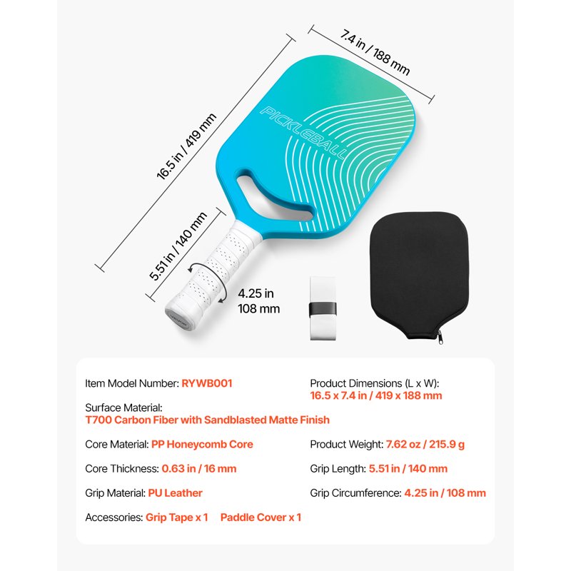 Vevor Pickleball Paddle with Aero Throat Carbon Fiber Surface & Honeycomb Core