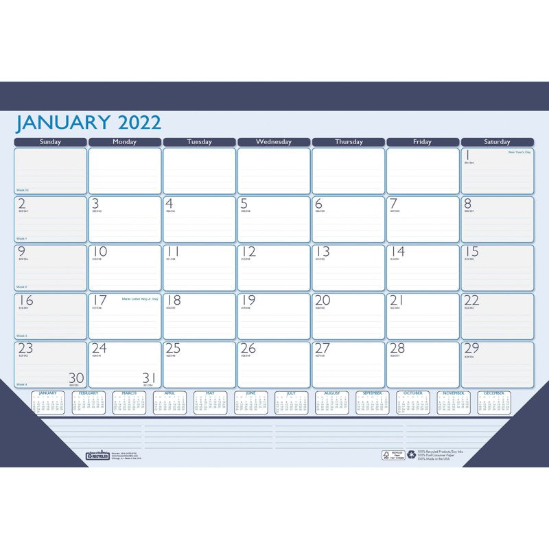 17x22 Desk Pad Calendar 2022 Blue & White Full Year Planning
