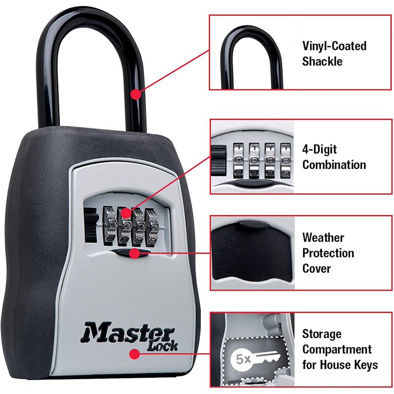 Portable Lock Box with Combination Lock and 5-Key Capacity - Black