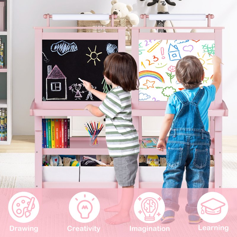 3-in-1 Kids Art Easel with Whiteboard Chalkboard and Paper Roll - Pink, Grey, White, Coffee