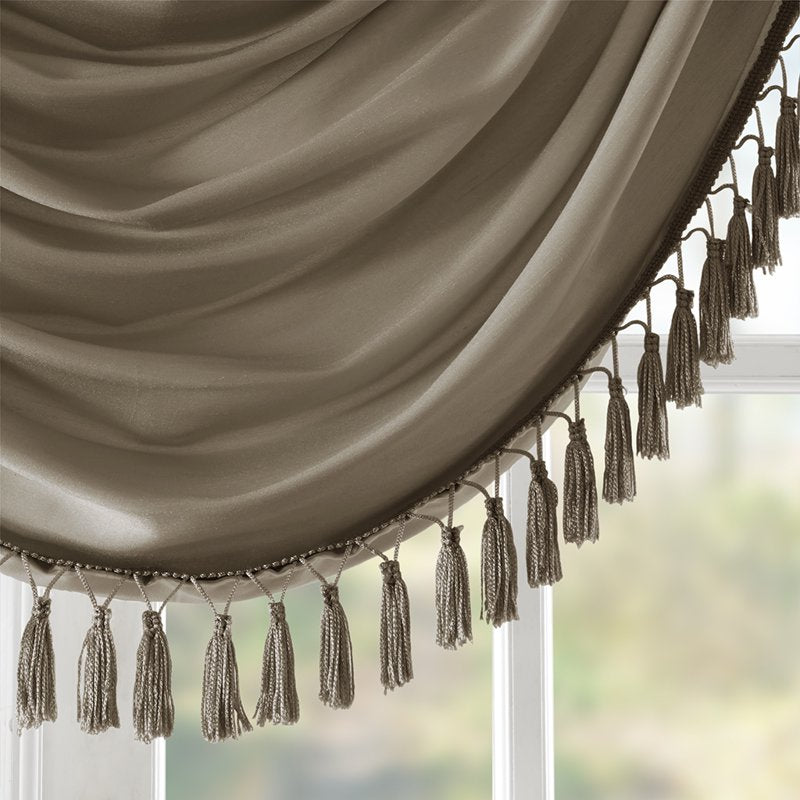 Faux Silk Waterfall Window Valance with Tassel Trim - Bronze 38x46 Inches