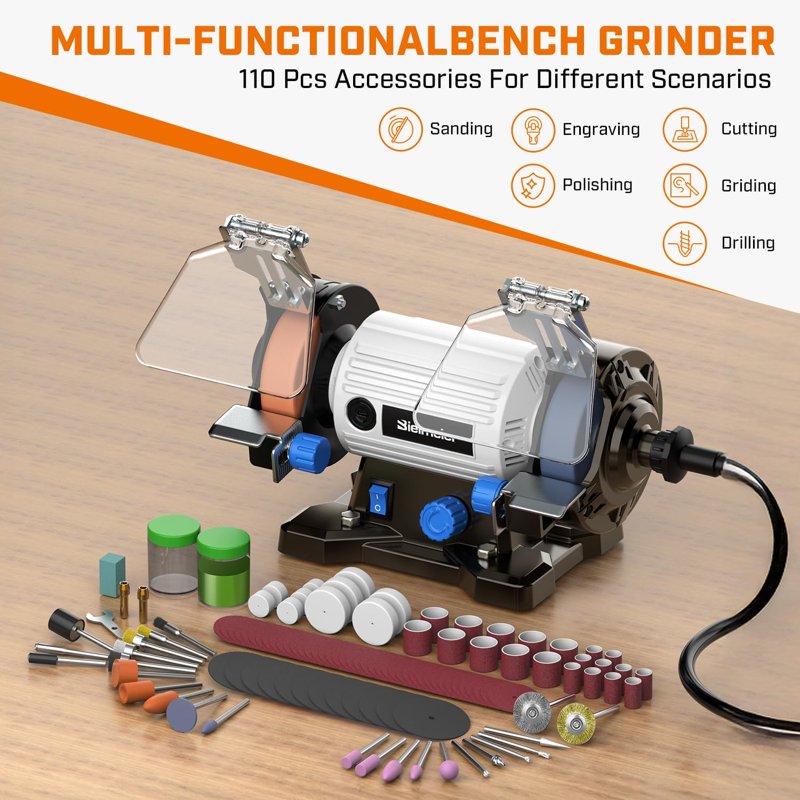 3-Inch Bench Grinder with 110 Accessories, Flexible Shaft & Buffer
