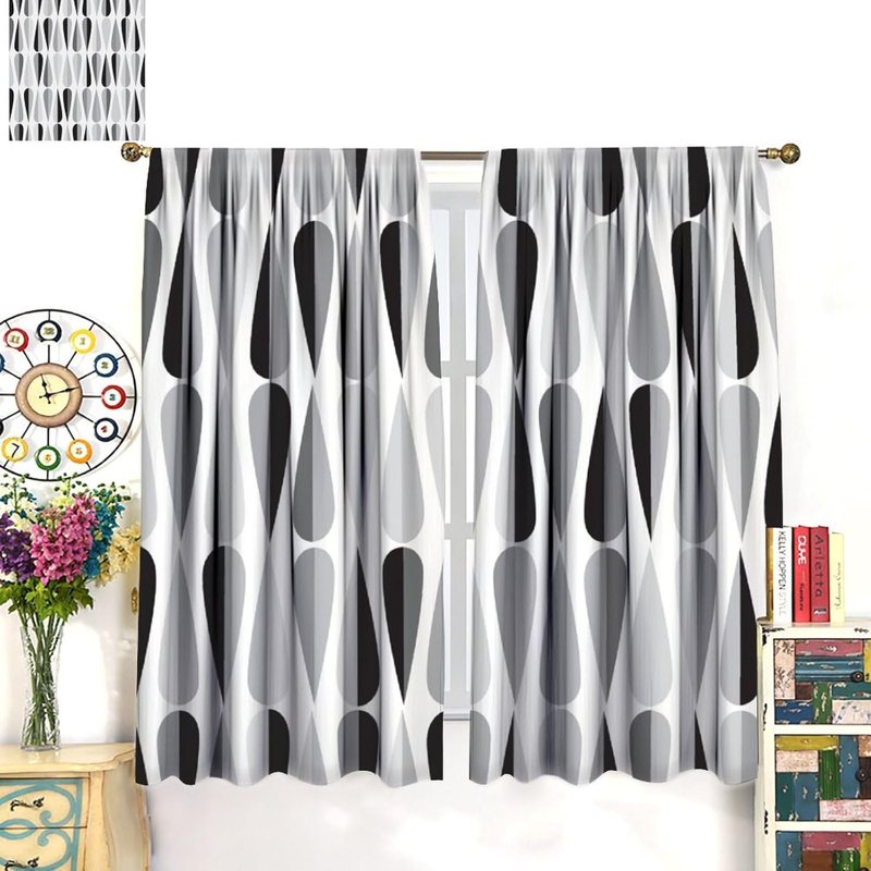 Mid Century Black White Gray Droplet Pattern Curtains - Thermal Insulated Window Drapes, 2 Panels