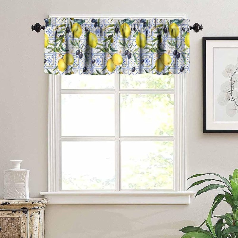 Summer Lemon Watercolor Window Valance Curtains for Farmhouse Kitchen 54x18 Inches