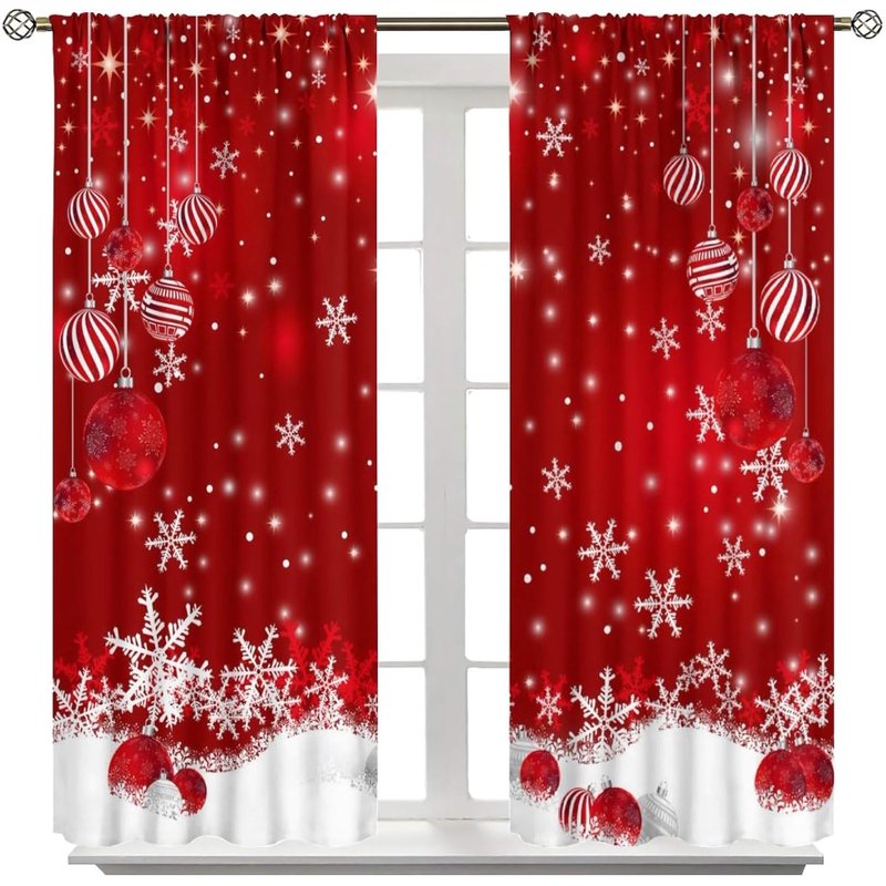 Winter Xmas Tree Glitter Print Blackout Window Curtains - 2 Panels, 84x84 Inch