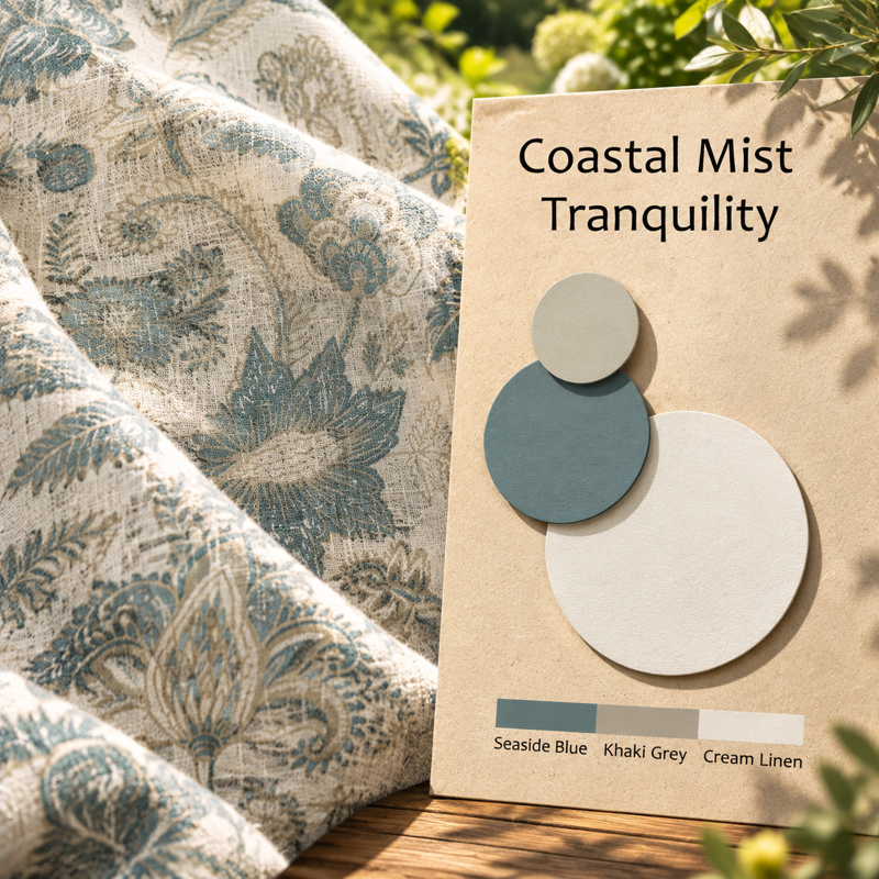 Light Filtering Jacobean Curtain Panels - Seaside Blue on Cream, Pack of 2, 84 Inch Length