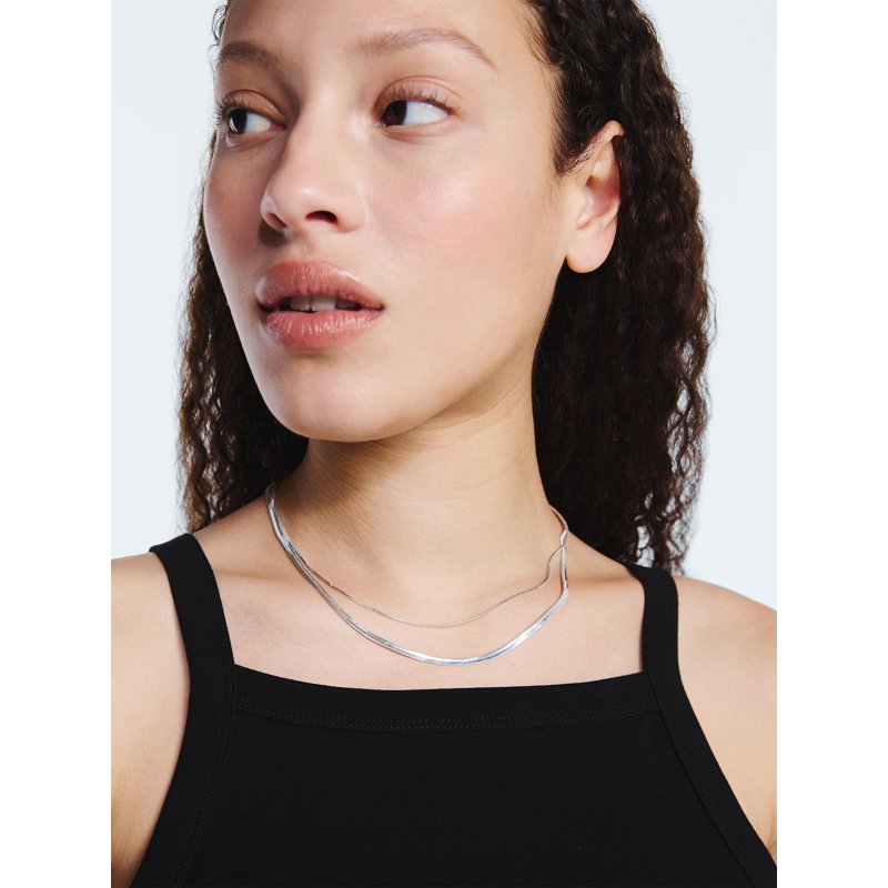 Women's Silver Plated Herringbone & Chain Bracelet Set - 2-Piece Layered Jewelry