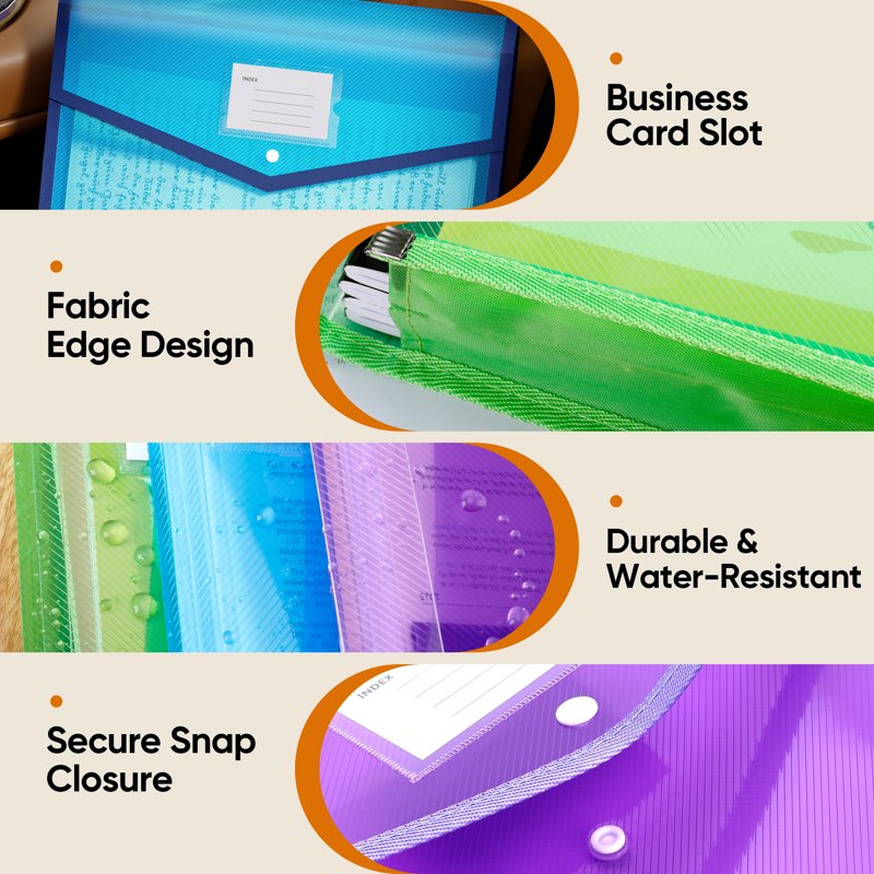 10 Pack Plastic Expanding File Folders with Snap Closure - A4 & Letter Size Organizer