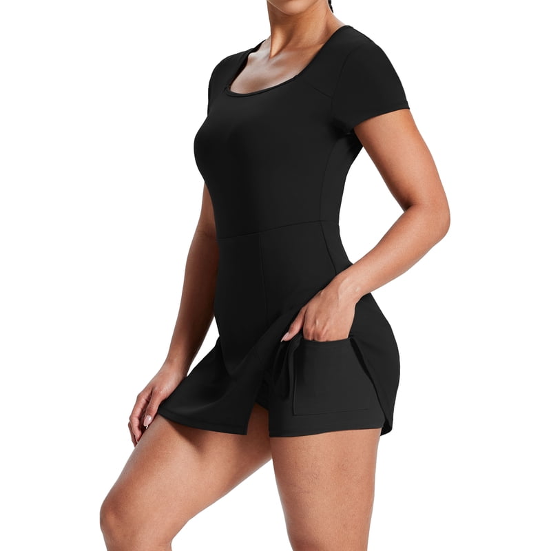 Women's Athletic Tennis Dress with Built-in Shorts & Pockets - Square Neck Short Sleeve Activewear