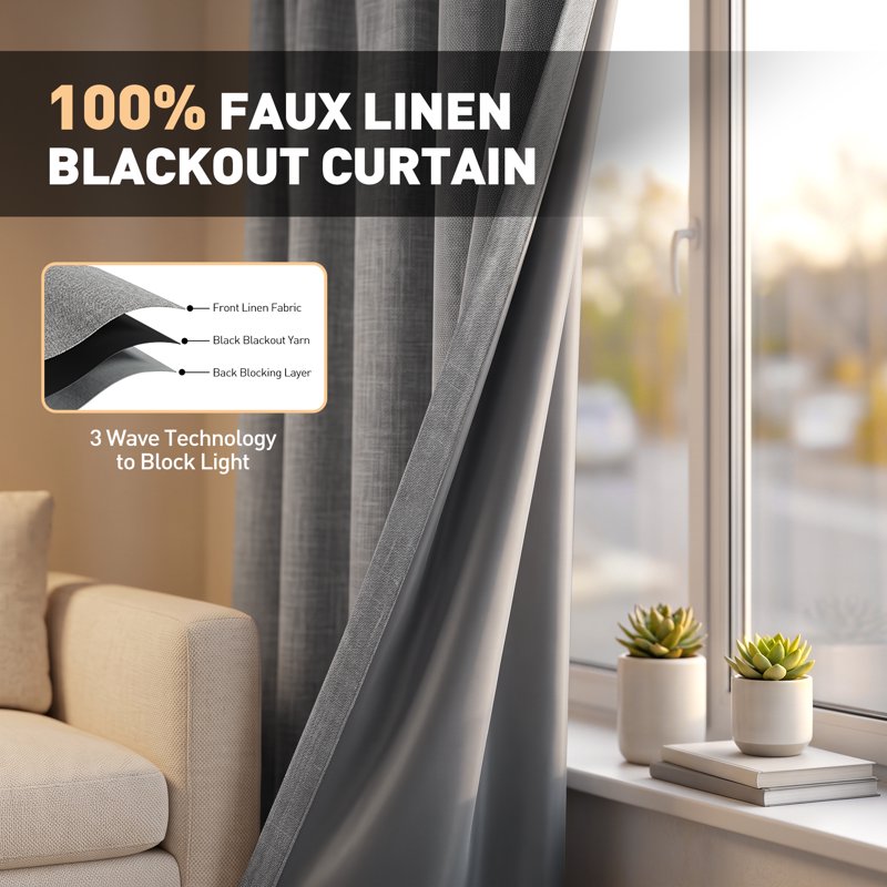 Blackout Window Curtains Set - Faux Linen Thermal Insulated Room Darkening Drapes