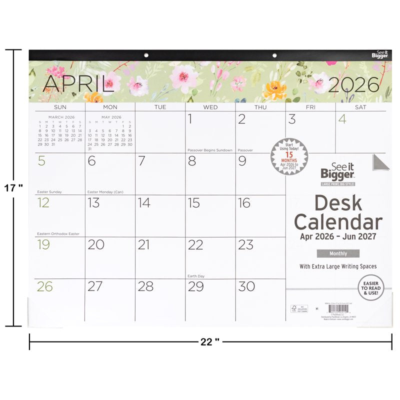 Large Floral Desk Pad Calendar 17x22 Inch 15-Month April 2026 - June 2027