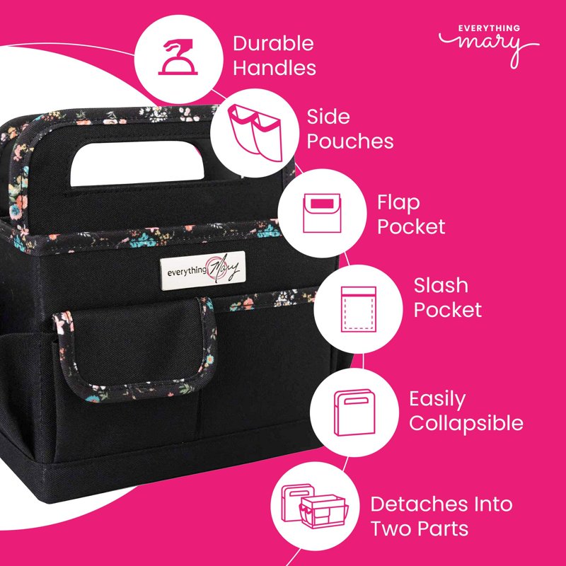 Collapsible Desktop Craft Organizer Caddy - Black Floral Storage Tote