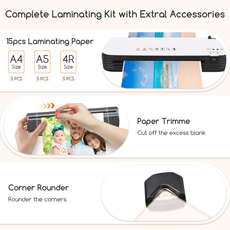 A4 Laminator Machine with Cold & Hot Settings, Paper Trimmer & Corner Rounder, 15 Laminating Sheets - 9 Inch Personal Laminator for Home Office School