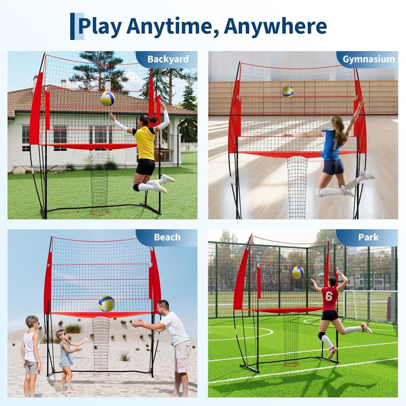 Adjustable Volleyball Net System with Carry Bag - 8.1 x 11 ft, Red