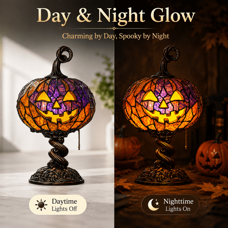 Halloween Stained Glass Pumpkin Table Lamp 9 Inch Jack O Lantern Desk Light