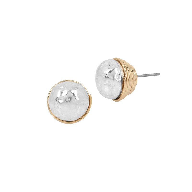 Silver-Tone Bead Stud Earrings with Hammered Texture and Gold Wire Detail