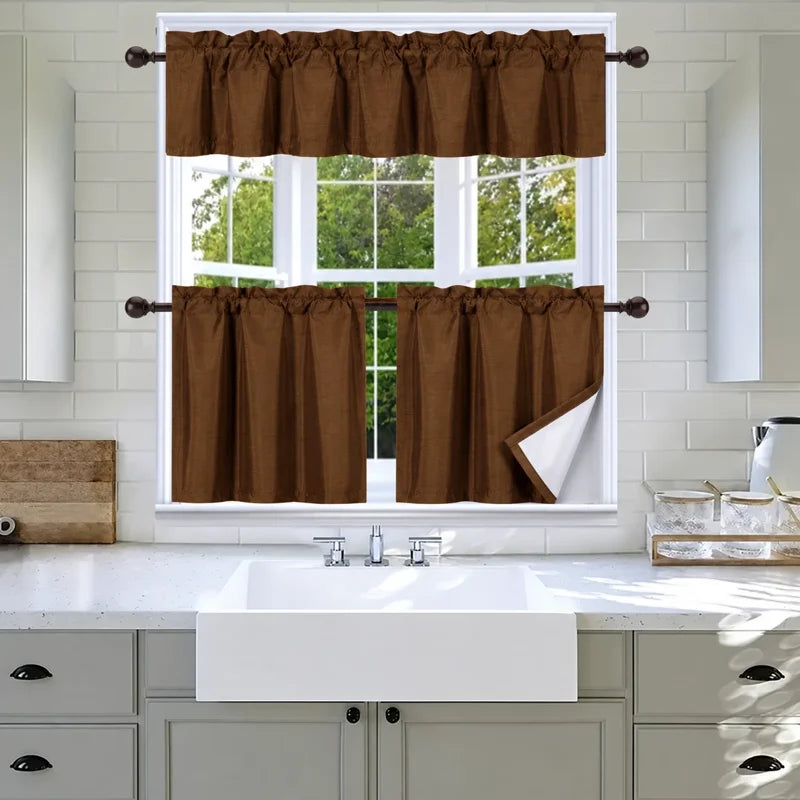3-Piece Faux Silk Blackout Kitchen Curtain Set with Valance - Brown