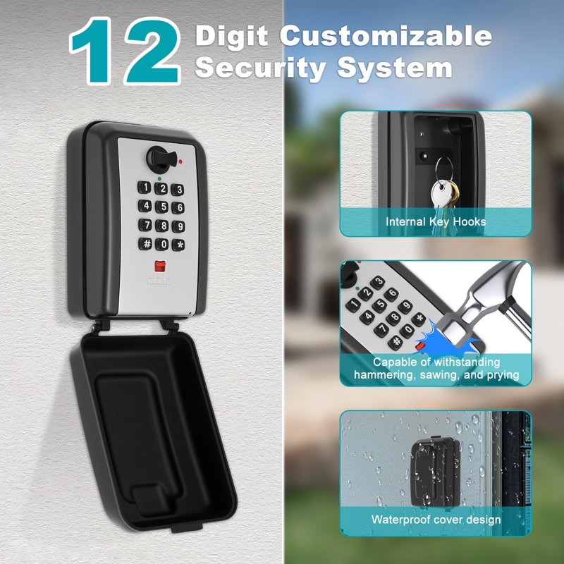 Outdoor Wall Mounted Key Lock Box with 12-Digit Code Waterproof Security Storage