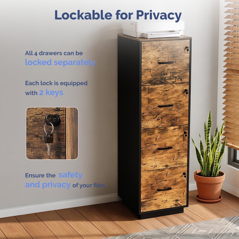 Wood Lateral File Cabinet with Lock for Home Office - Adjustable & Lockable, Brown