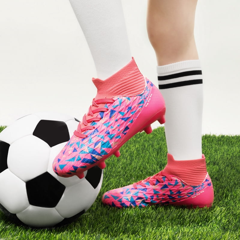 Dream Pairs Boys Football Cleats Youth High Top Firm Ground Soccer Shoes - Hot Pink/Royal Blue