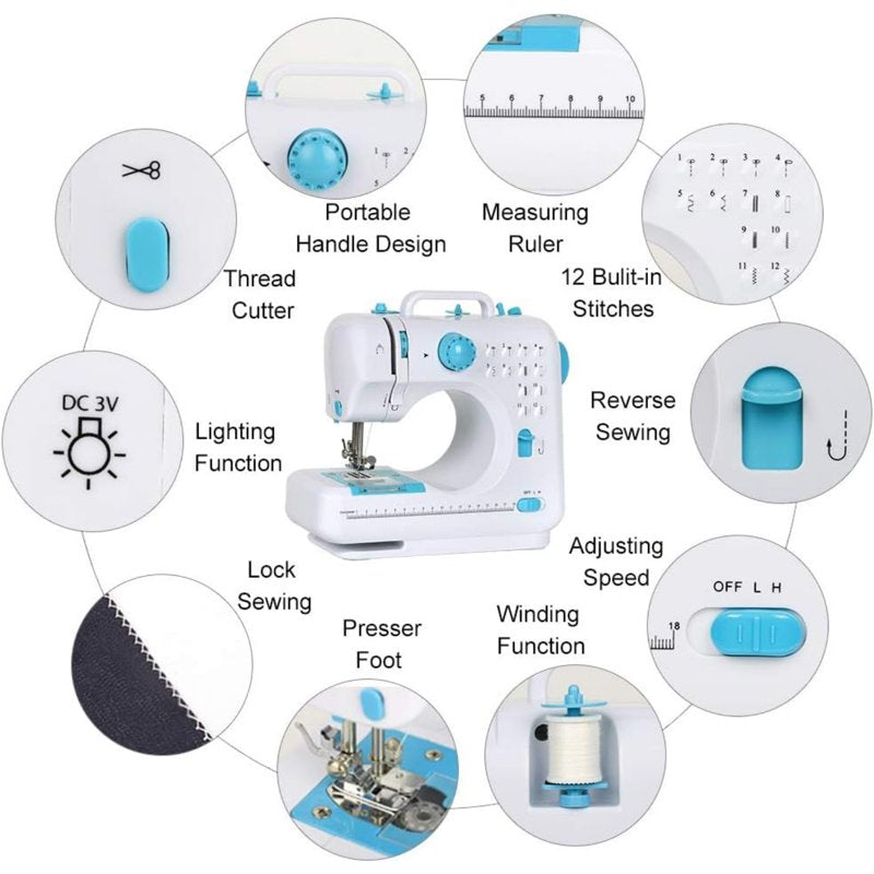 Mini Portable Sewing Machine with 12 Stitches for Beginners - Blue