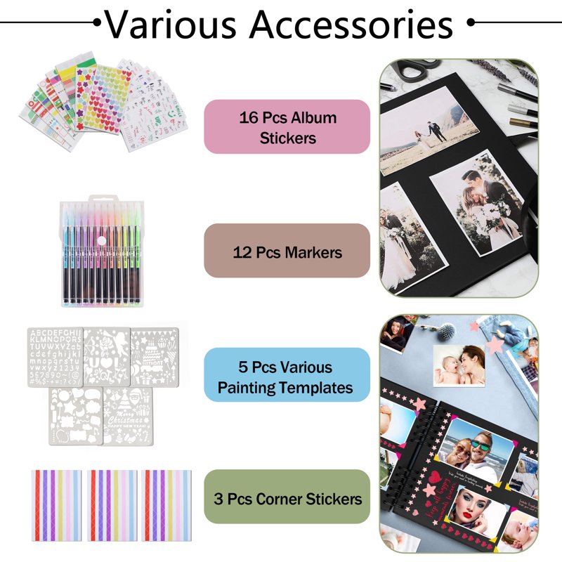 80-Page Scrapbook Album with Markers & Stickers - DIY Memory Book for Wedding, Birthday & Anniversary - Black