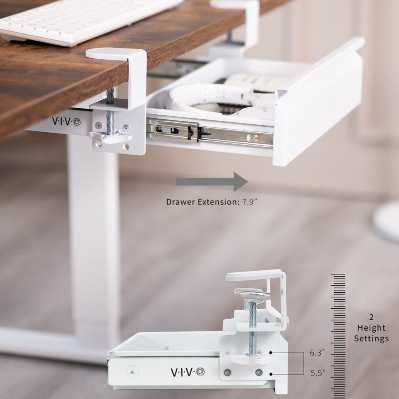 Clamp-On Under Desk Storage Drawer - White Steel Office Organization