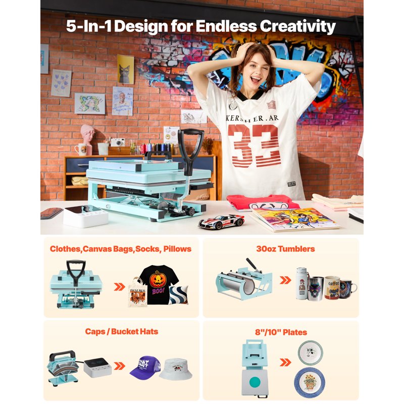 15x15 Inch Heat Press Machine 5-in-1 Multifunction Sublimation Press with Adjustable Pressure