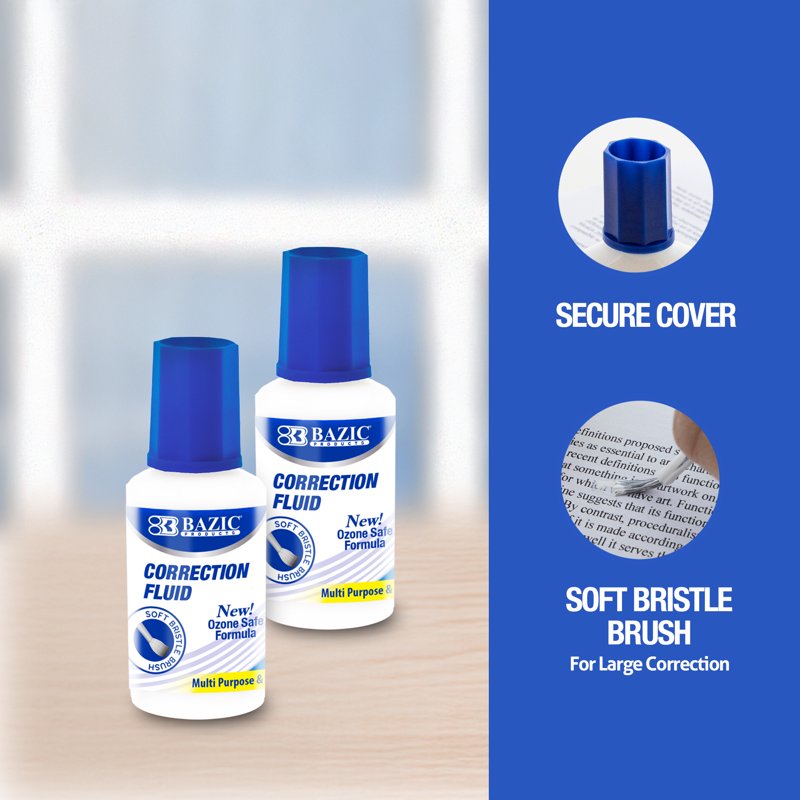 Bazic Correction Fluid, 0.7 fl oz (20 mL) Bottle – 2 Count with Bristle Brush