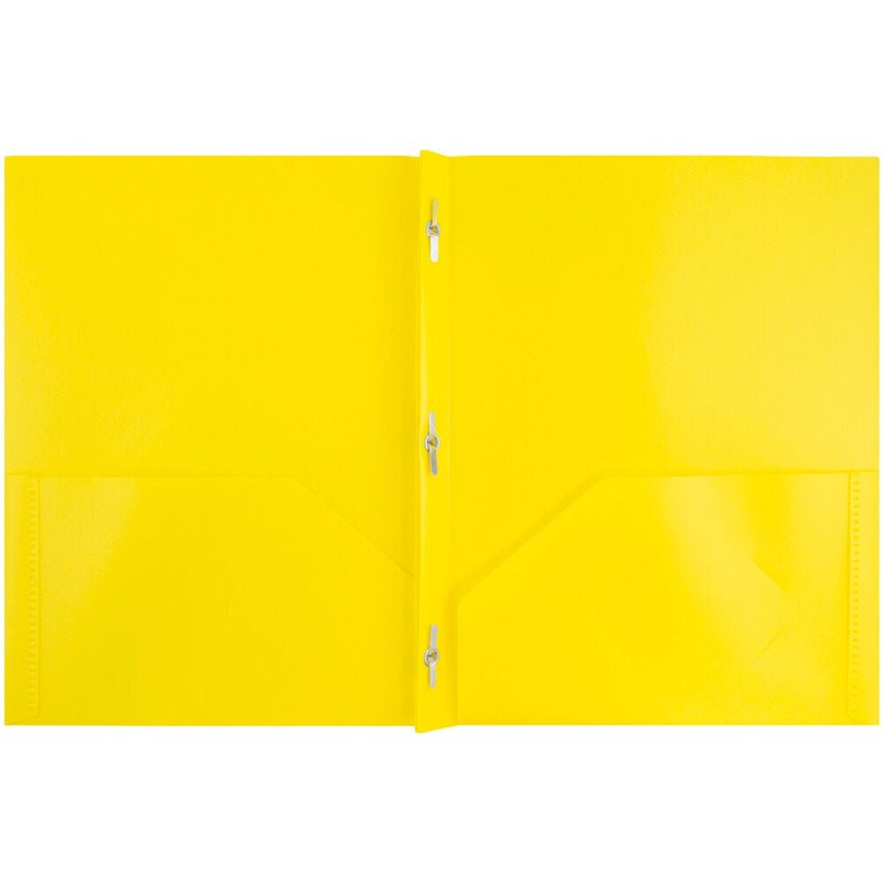2-Pocket Plastic Folder with Metal Prongs & Clasps - Yellow, 3 Pack