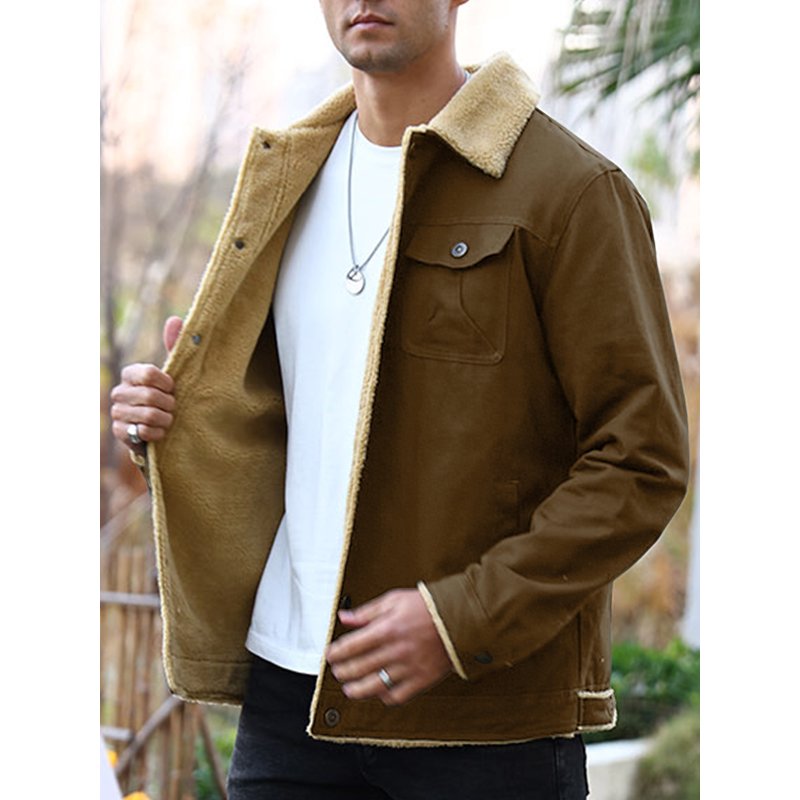 Men's Winter Trucker Jacket - Thick Thermal Fleece Lined Coat with Flap Pockets, Brown, 2XL